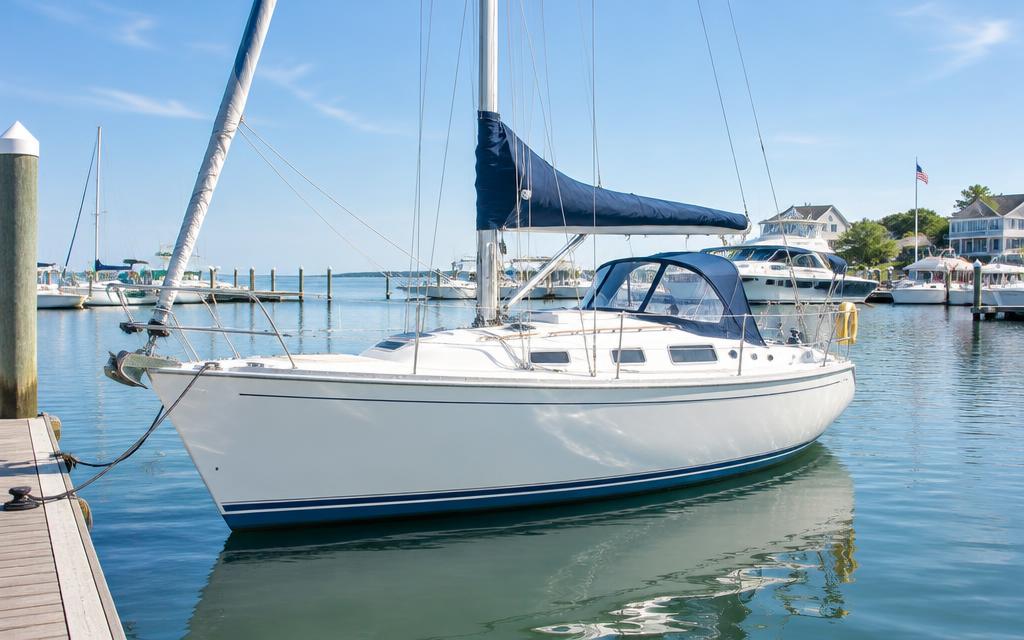 Zeiljacht met witte romp afgemeerd in de haven
